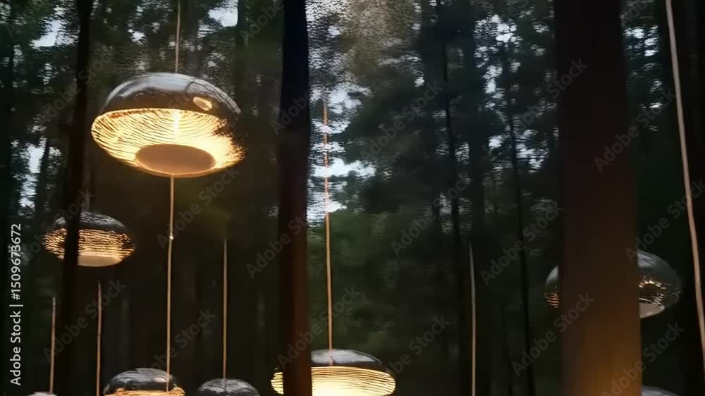 Enchanting Forest Illumination: Suspended Spherical Lights Amidst Towering Trees Enchanting Forest Illumination: Suspended Spherical Lights Amidst Towering Trees