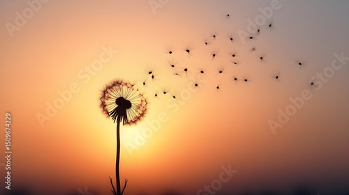 Dandelion Seed Silhouette Spreading at Sunset