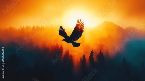 Majestic Bird Soaring Against a Vibrant Sunset in Forest Landscape
