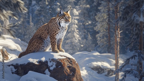 Majestic Lynx Sitting on Rock in Snowy Forest Landscape
