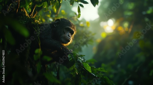 Thoughtful Monkey in Lush Rainforest with Soft Sunlight