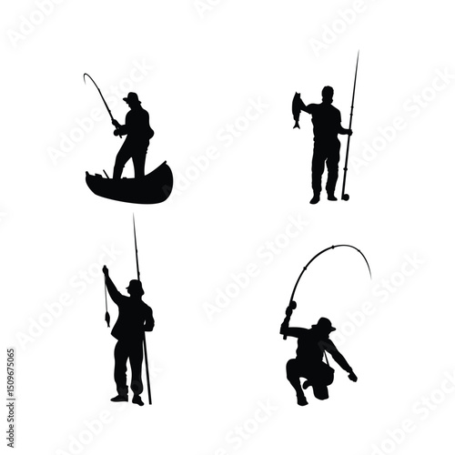 Diverse Fishing Silhouette Vector Set Featuring Male man Anglers in Various Poses and Techniques