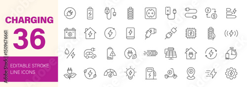 Charging icon set. Containing charge, battery, energy, electricity, charger, recharge, electric car, electric socket and more. Editable line icons. Vector illustration.
