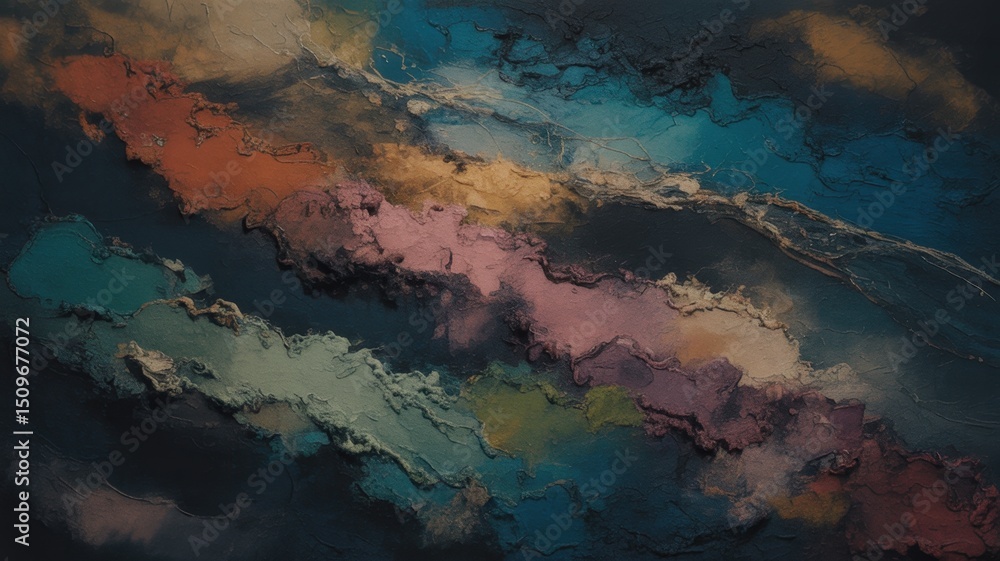 Fototapeta Cosmic Currents: Abstract Textured Painting with Vibrant Color Veins and Deep Hues