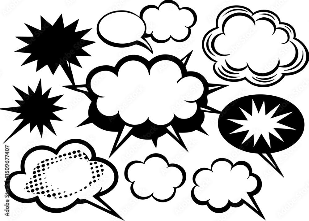 Collection of comic book speech bubbles and burst elements in monochrome design Collection of comic book speech bubbles and burst elements in monochrome design