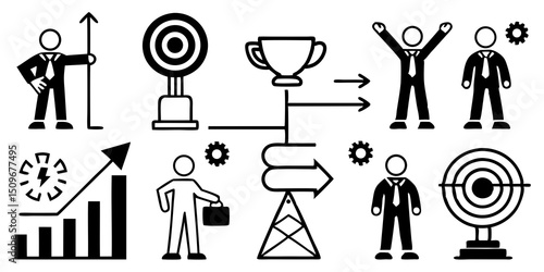 Conceptual illustrations depicting business success, targets, teamwork, and career progression