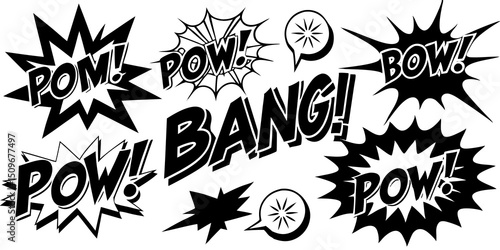 Comic book style sound effects pow bang bow pom and speech bubbles elements design