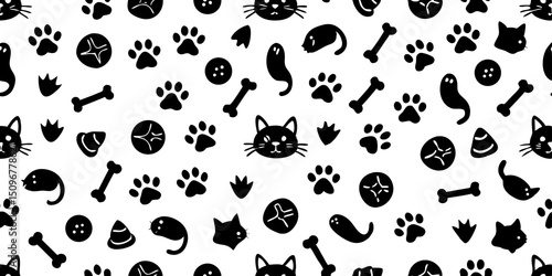 Whimsical black and white seamless pattern featuring cats paw prints bones and other playful elements