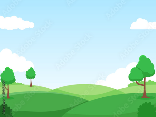 Meadow landscape with some trees, and blue sky vector illustration