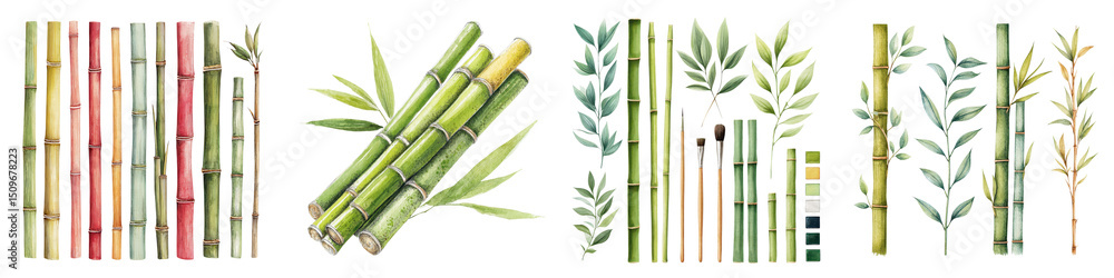 Fototapeta premium Vibrant bamboo illustrations featuring green, red, and yellow colors, showcasing intricate leaves and stems, ideal for nature-themed designs and eco-friendly products