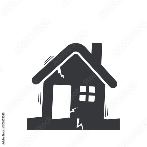 Isolated pictogram icon of an earthquake with illustrations of a house, tree, and cracked ground, symbolizing natural disaster