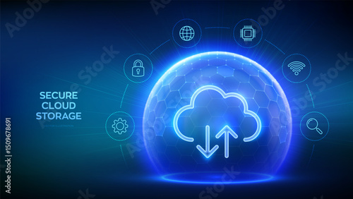 Secure Cloud Storage. Cloud icon inside transparent protection sphere shield with hexagon pattern on blue background. Cloud computing. Database storage, Data center protection. Vector illustration.