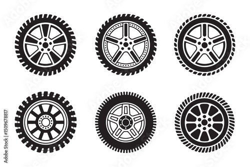 Vector illustration of wheels and tires for vehicles and bicycles with icons and symbols