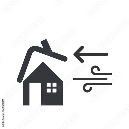 Isolated pictogram of house damaged by strong wind or tornado, symbolizing natural disaster, storm danger, and safety awareness icon.