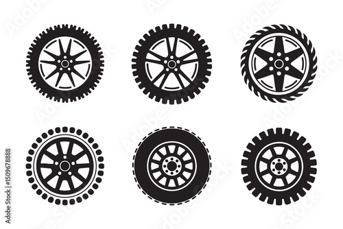 Vector set of isolated car and bicycle rubber vehicle wheels with metal rims
