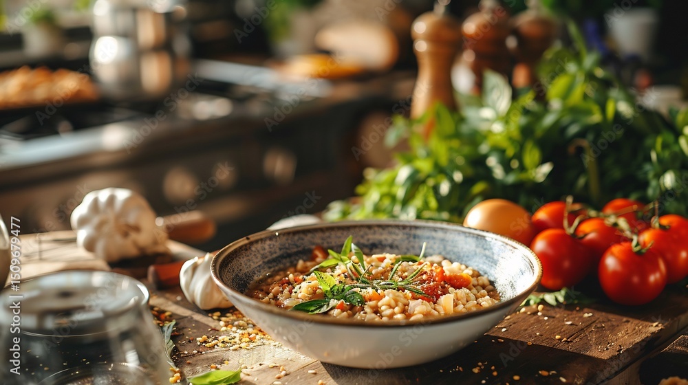 Obraz premium Cozy farm to table restaurant showcasing a gourmet risotto dish surrounded by fresh ingredients in a rustic wooden kitchen