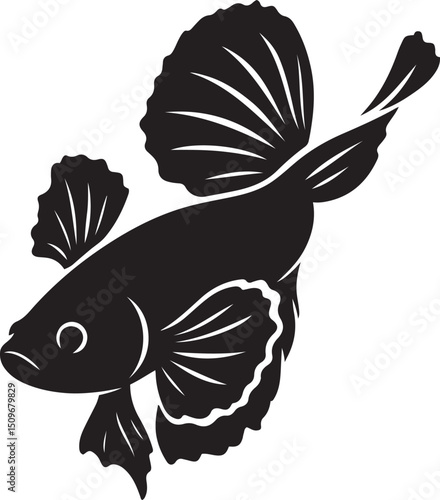 Betta fish silhouette elegant black style, Flowing fin fish black and white art