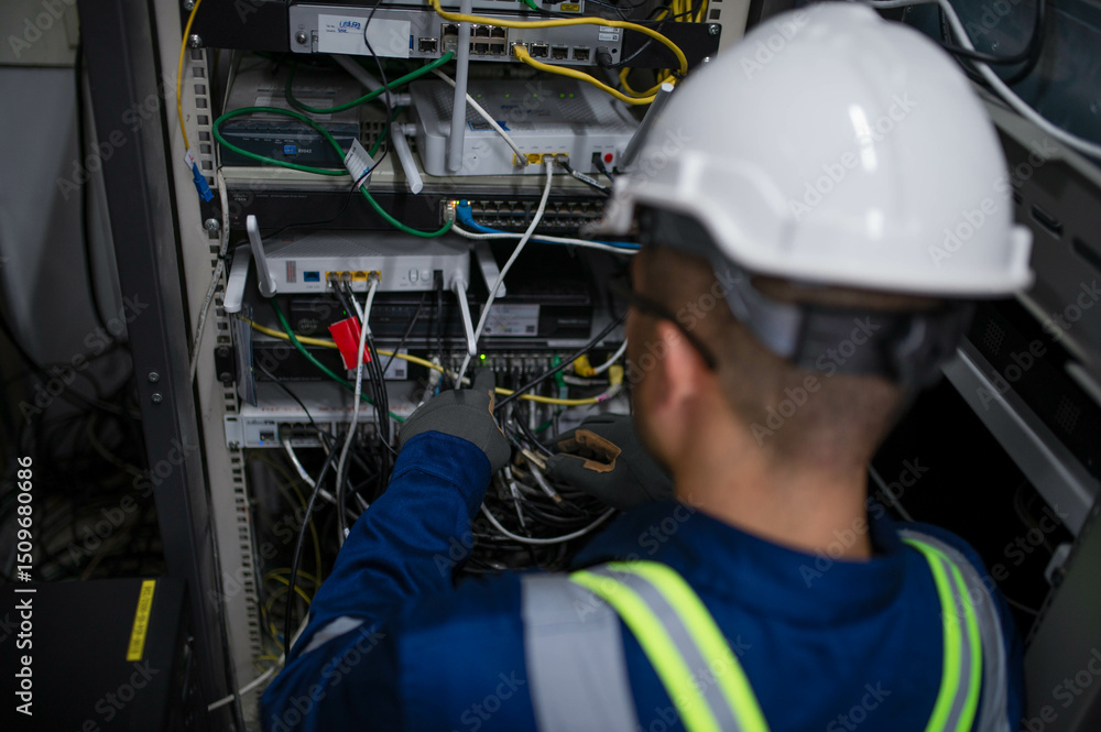 Fototapeta premium Server expert repair technicians are checking the integrity of server cabinet cable connections to ensure proper and efficient internet operation.