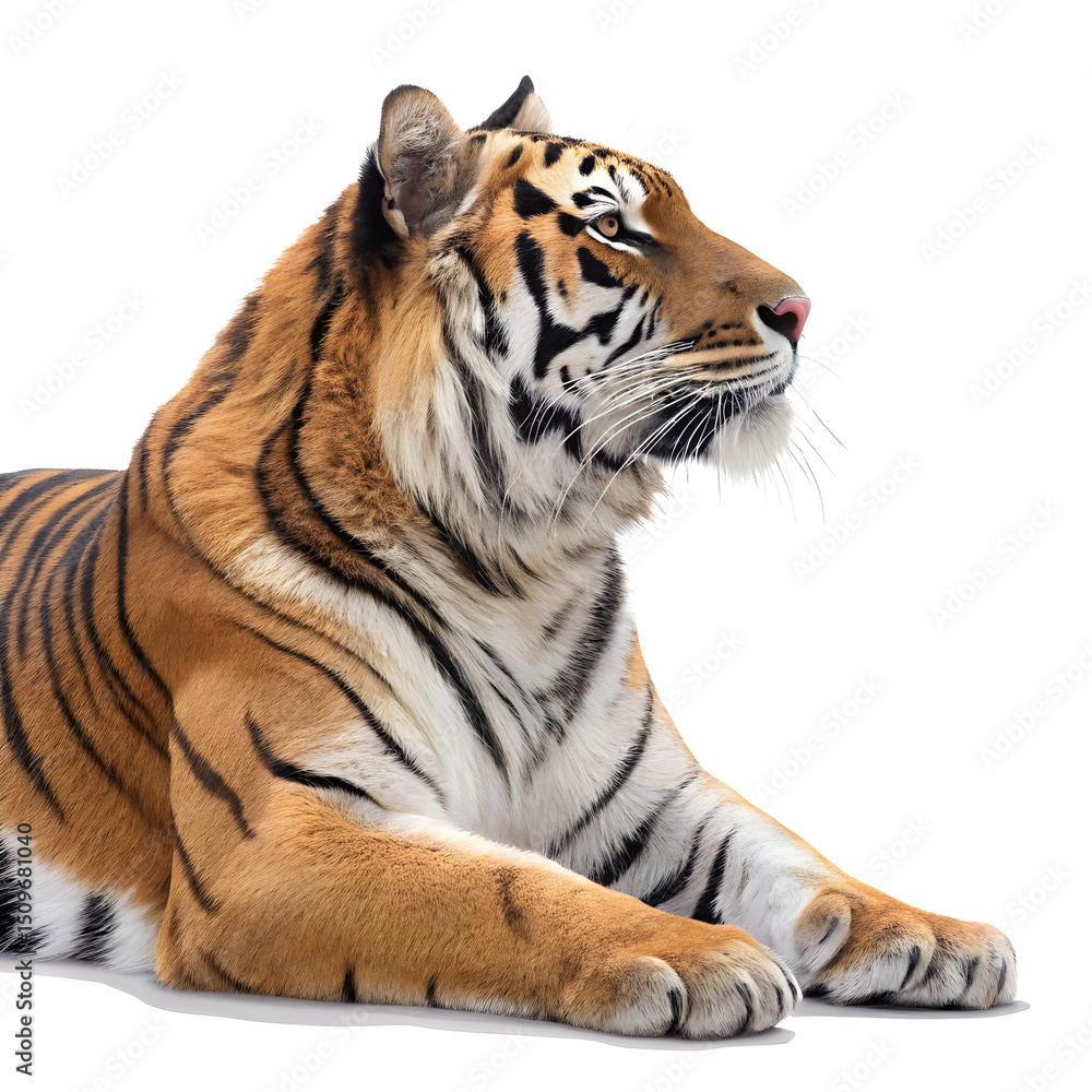Obraz premium A full-body Bengal tiger lying down with its head raised, displaying detailed fur patterns and a relaxed expression.