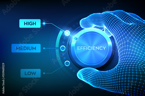 Efficiency levels knob button. Increasing efficiency level. Wireframe hand turning an efficiency test knob to the highest position. Development and business growth concept. Vector illustration.