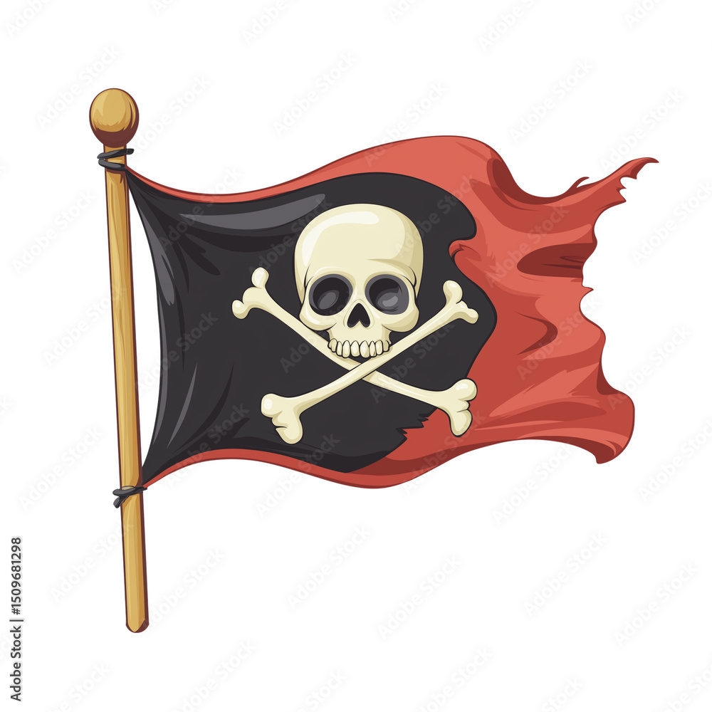 Fototapeta premium Classic pirate flag waving in the breeze. PNG image, transparent background