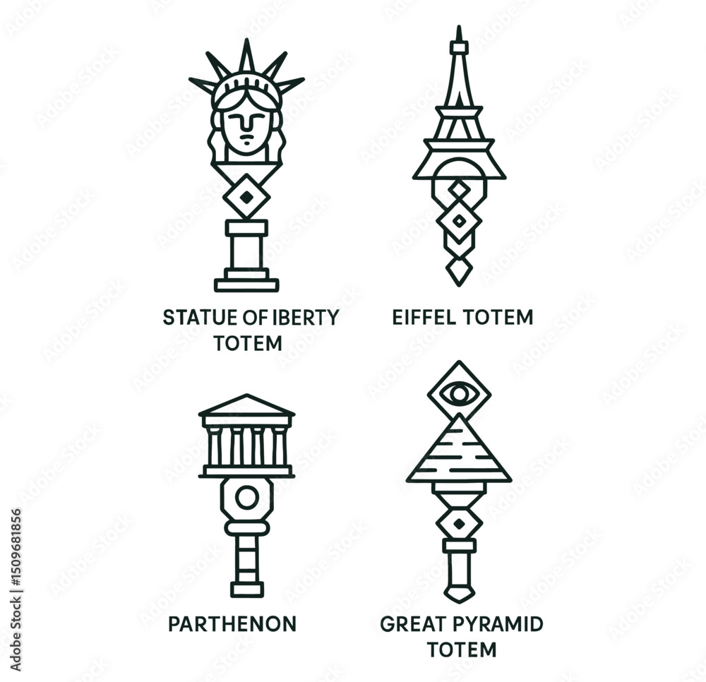 Fototapeta premium World Landmarks as Mystical Totems – Black and White Line Art Vector Icon Set