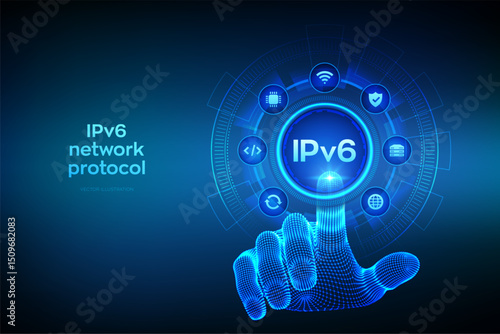 IPv6. Internet Protocol version 6. Ipv6 network protocol standard internet communication technology concept. Wireframe hand touching digital interface. Vector illustration.