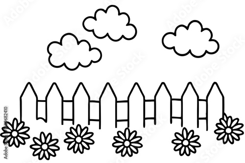 Black and white illustration of a picket fence clouds and flowers spring scene