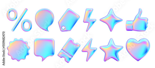 Set Realistic 3d objects for advertising and promotion. Holographic iridescent elements for design of sales and discounts. Percentage symbol. Price tag, coupon, lightning, star. Vector illustration.