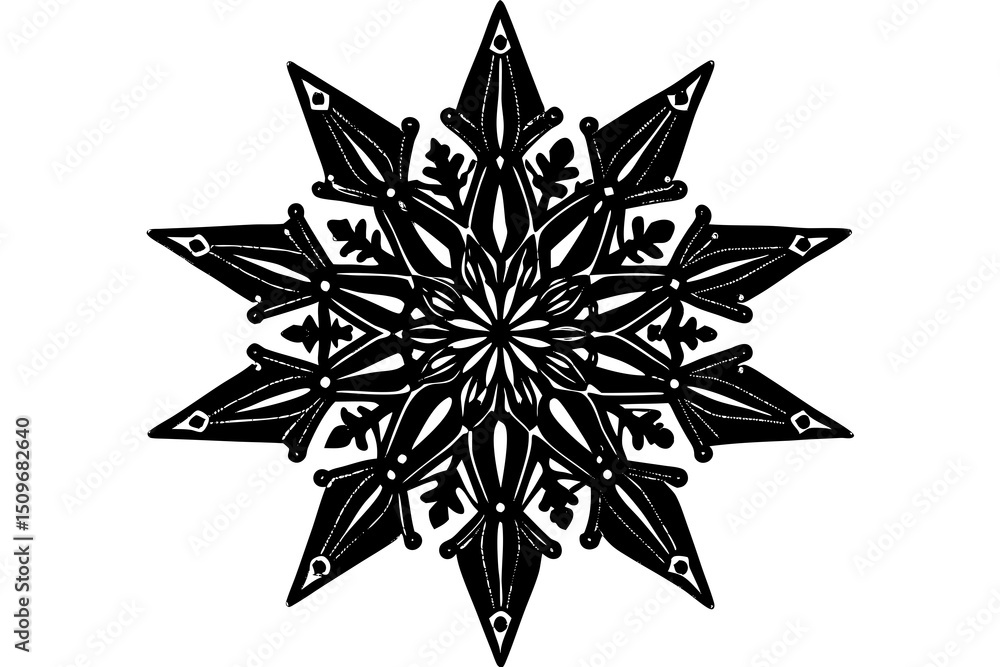 Obraz premium Decorative black and white vector snowflake illustration with intricate ornate details on white background