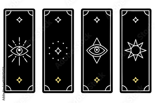 Decorative set of four tarot cards with celestial symbols and geometric shapes