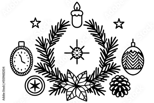Festive christmas outline vector design with holiday elements on a white background