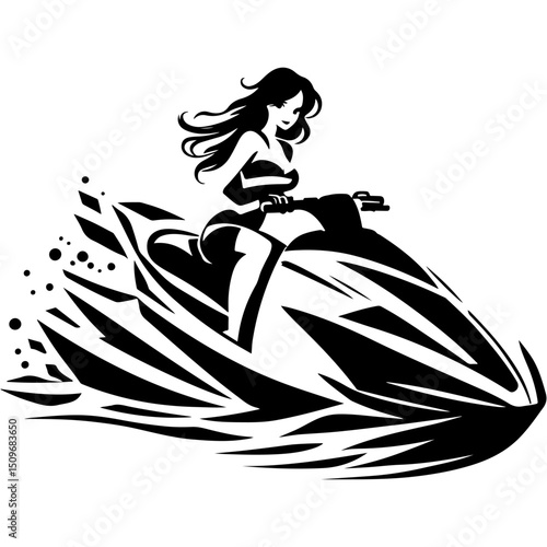 Sketchy brunette young girl with long hair in a beach swimsuit rushes through waves on Jet Ski in monochrome. Engraving minimalistic vector in black ink drawing on transparent background