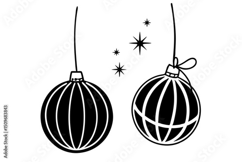Vector illustration of black and white christmas baubles with festive sparkles