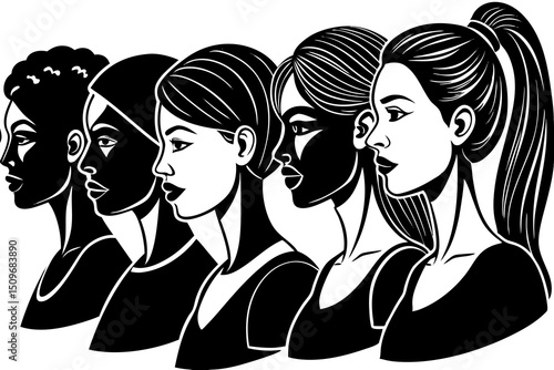 Vector illustration of silhouette portraits representing diverse women and femininity
