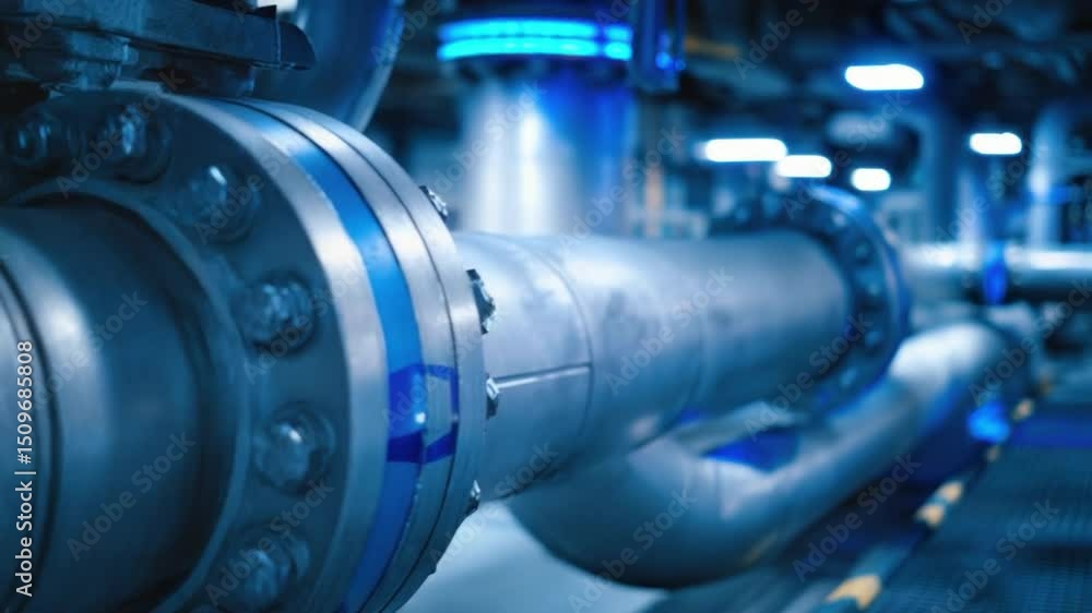 Industrial Pipe Network: A close-up shot showcases a complex industrial pipe network, highlighting the interconnectedness of infrastructure within a modern facility. Metallic pipes, joints. Industrial Pipe Network: A close-up shot showcases a complex industrial pipe network, highlighting the interconnectedness of infrastructure within a modern facility. Metallic pipes, joints.