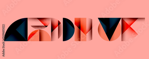 Abstract design features stylized letters. Shapes overlap, creating dynamic visual effect. Pink background contrasts dark elements. Modern, geometric composition.