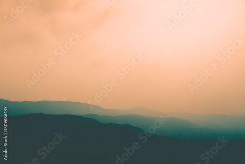 Hazy mountains in golden hour light