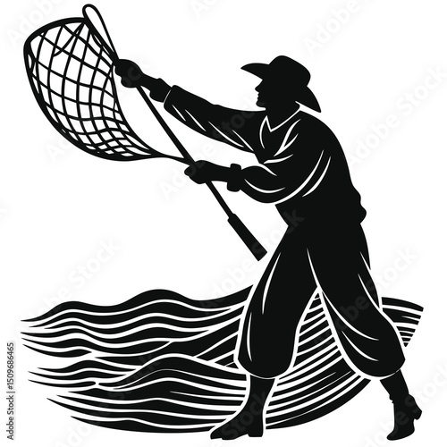 Silhouette of fisherman casting net at sea