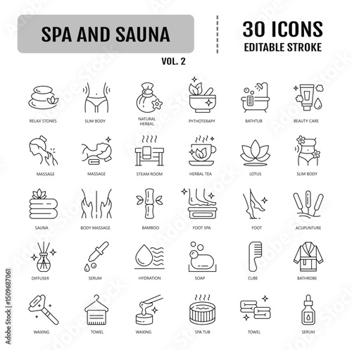 Spa and sauna line icon set. Editable stroke. Vector illustration