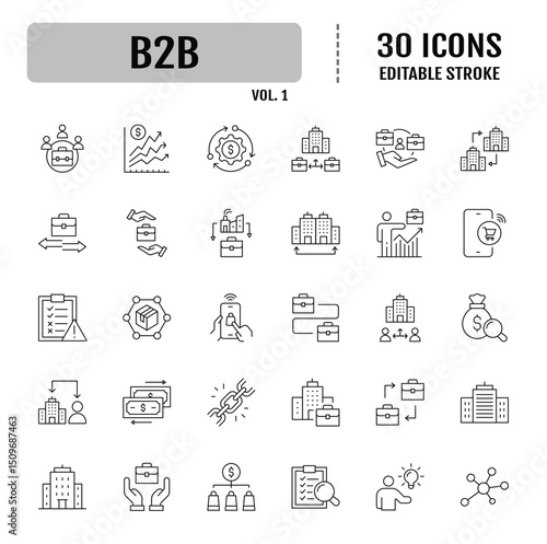 B2B icon set. Business to business, supplier, commerce, vendor, enterprise, partnership, manufacturer, purchase order, supply chain, transaction, quotation and more. Vector illustration