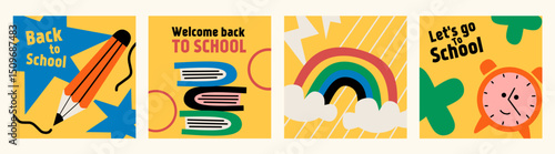 Set of Back to school cards. Flat style education icons, symbols, doodles on yellow square background. Art collage, papers, hand drawn fun design elements. Bright colorful school subjects concept.