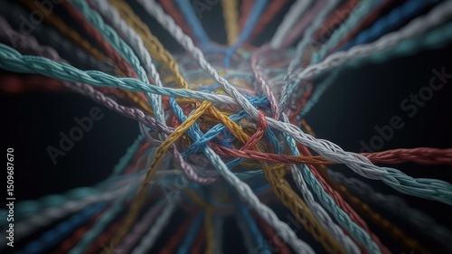 Intricate Nexus of Multicolored Twisted Cords Forming a Unified Tangle