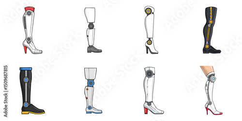Multiple vector illustrations of robot legs, outlines