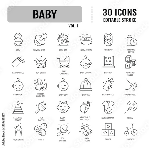 Baby line icon set. Editable stroke. Vector illustration