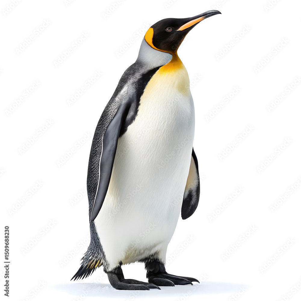 Fototapeta premium A full-body emperor penguin standing upright with a clean, smooth appearance and detailed feathers.