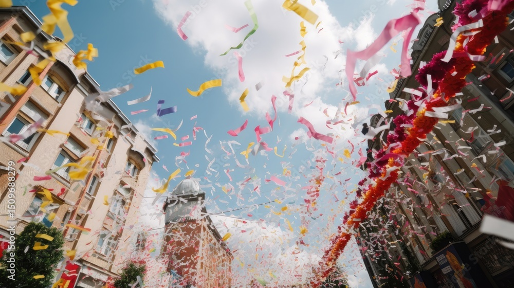 Fototapeta premium Colorful confetti streams from above city buildings.