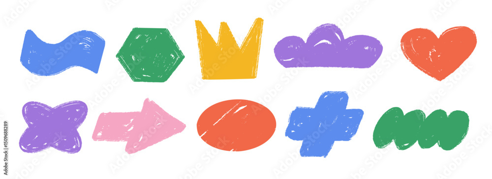 Colorful hand drawn crayon shape set. Bright charcoal doodle collection. Pastel pencil texture form pack for sticker, patch, badge, label. Childish sketch cloud, arrow, hexagon, heart elements. Vector Colorful hand drawn crayon shape set. Bright charcoal doodle collection. Pastel pencil texture form pack for sticker, patch, badge, label. Childish sketch cloud, arrow, hexagon, heart elements. Vector
