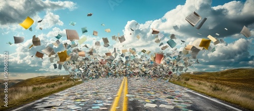 A road completely covered with flying and falling open books