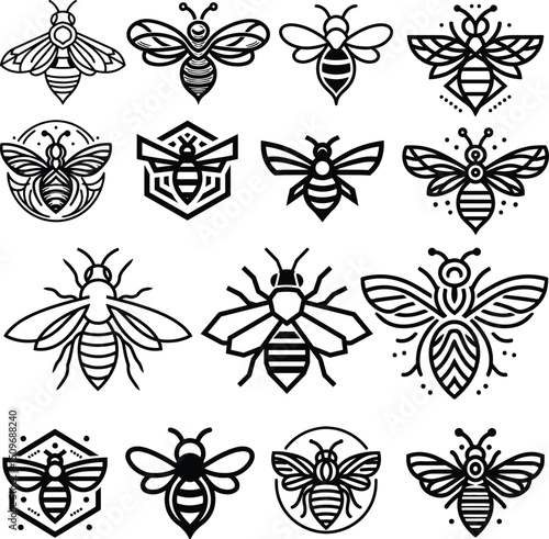Graphic Multiple bee designs in black outlines wings bodies antennae vary in style and detail